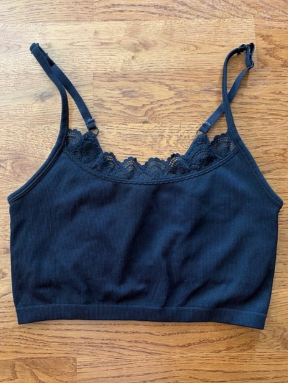 Aerie Bra Top Black Crop Ribbed Seamless Lace Trim Longline Real Me S Chill Cami